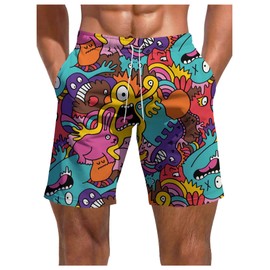 WDIRARA Men's Cartoon Print Quick Dry Swim Trunks Drawstring Elastic Waist Beach Shorts with Pockets Multicolor Small