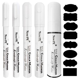 White Chalk Pen, NowPE Marker Pens 1mm, 3mm, 6mm, 10mm, 15mm, Dry or Wet Wipe Liquid Ink Markers, 5pcs Chalks + 16pcs Chalkboard Labels Set, Fine, Thin, Medium and Large Tip for Blackboard and Windows