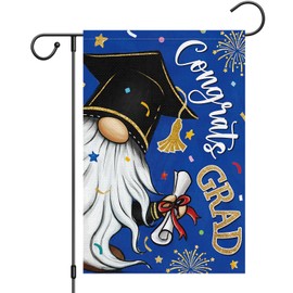 Heyfibro Congrats Grad Gnome Garden Flag 12x18 Inch Double Sided Burlap, Fireworks Graduation Cap Diploma Ceremony Class Of 2025 Yard Flags Schoolyard Outdoor Lawn Party Decoration(ONLY FLAG)