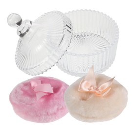OATIPHO Plush Powder Puff with Adorable Bow Design Soft Facial Puff in Beige Pink Travel Friendly Glass Dusting Powder Container for Gentle Skin Care