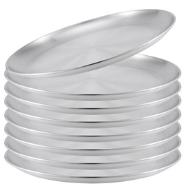 SINJEUN 8 Piece 304 Stainless Steel Dinner Plates, 10 Inch Double Layer Round Serving Plates, Silver Brushed Metal Dishes for Camping, Eating, BBQ, Steak, Salad