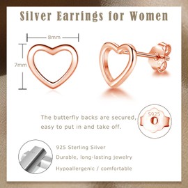 Josfeva Heart Stud Earrings for Women Girl, 925 Sterling Silver Stud Earrings, Hypoallergenic Cartilage Earrings Studs, 925 Silver Small Simple Stud Earrings, Rose Gold Earrings for Kid Jewellery Gift