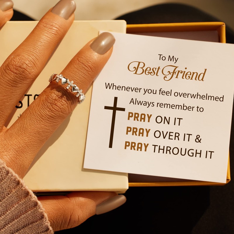 Story Jewellery Silver Plated Cubic Zirconia Cross Heart Rings, Christian