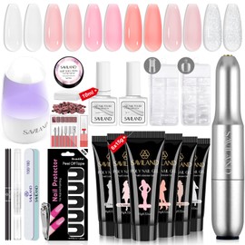 Saviland Polygel UV/LED Light Compatible Poly Gel Nail Kit with Drill and Lamp - 6 Colors Polygel Nail Extension Kit with Nail Tip, Dual Form Foot Nail Slip Solution, Cuticle Oil Polygel Kit for