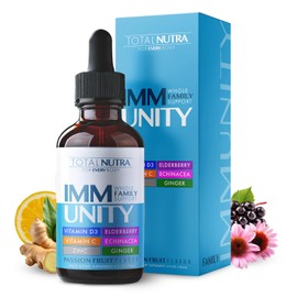Total Immune 6-in-1 Liquid Multivitamin Supplement | 100% Daily Zinc, Vitamin D3, Vitamin C Immunity Drops Vitamin Liquid | Elderberry, Echinacea, Ginger Support for Adults & Kids | 4 oz Passion Fruit