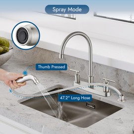 Cinwiny Kitchen Faucet with Side Sprayer, Double Handle Kitchen Sink Faucet with Sprayer High Arc 3 Hole or 4 Hole 8 Inch Centerset Kitchen Faucets for RV Kitchen Sinks,Brushed Nickel, Modern
