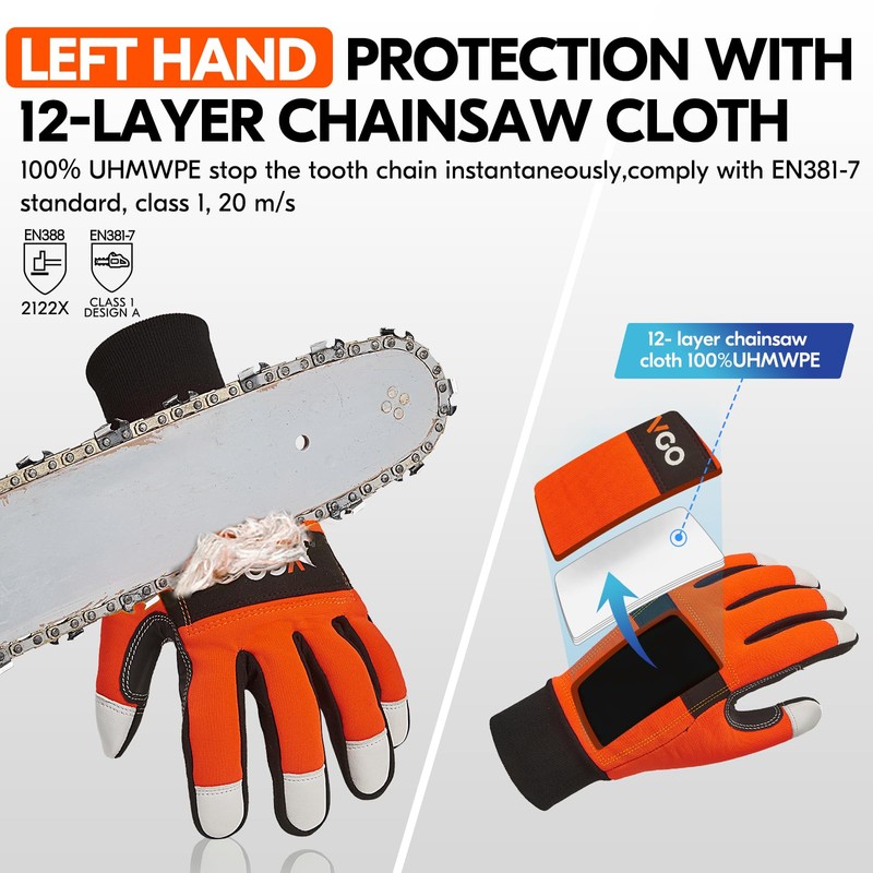 Vgo... Chainsaw Gloves,12-Layer Chainsaw Protection on Left Hand Back,Safety Goat