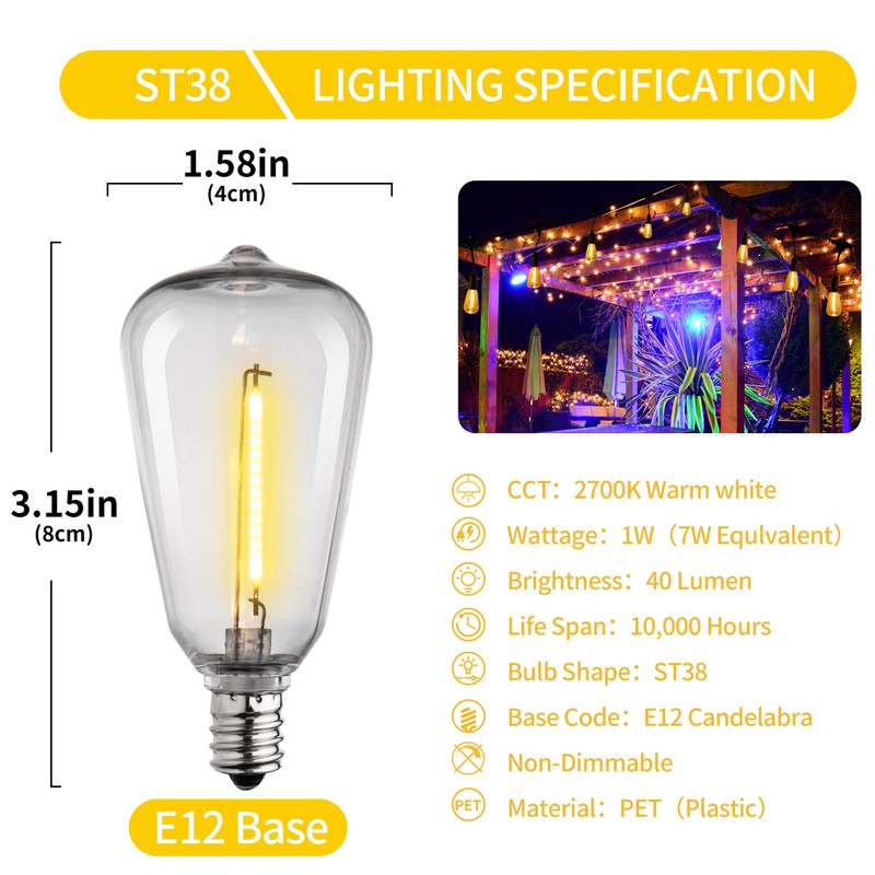 25 Pack Edison E12/C7 Low Wattage Outdoor Light Bulbs -