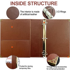 Beautyus Vintage Leather 3 Ring Binder, 2 Inch D Ring, Holds 8.5" x 11" Paper Letter Size, Brass Corner Protectors, Faux Leather Cover, Professional Office & School Binder (1 Pack, Coffee, 2 Inch)