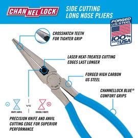Channellock 317 8-Inch Long Nose Plier with Side Cutter | Needle Nose Pliers with Knife and Anvil - Style Side Cutter | Crosshatch Jaw Forged from High Carbon Steel for Maximum Grip on Materials | Specially Coated for Rust Prevention | Comfort Grips , Blue
