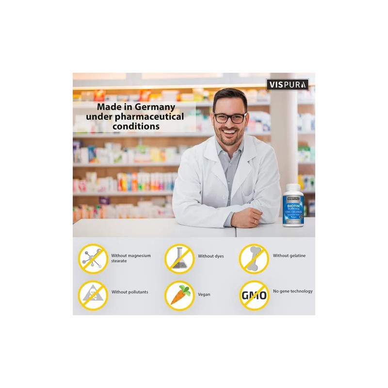 Vispura Biotina 10000 Mcg Zinc Selenio, Vegano, 365 Tabletas Na