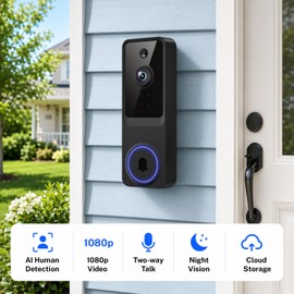 1080p Wireless Video Doorbell Camera with Smart AI Human Detection, Two-Way Audio, Live View, Night Vision, 2.4G WiFi, Battery Powered, App Control, and Cloud Storage for Home, Office & Pet Monitoring