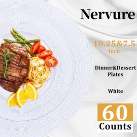 Nervure 60pcs White Plastic Plates - Heavyweight Vintage Disposable Plastic Plates for 30 Guests Include 30pcs 10.25” Dinner Plate,30pcs 7.5” Dessert Plate Perfect for Wedding & Party