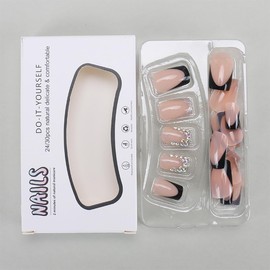 24 Pcs French Tip Press on Nails Short Square Fake Nails with Rhinestones Designs Black French False Nail Tips Stick on Nails Glossy Full Cover Glue on Nails for Women Girl Nail Decoration