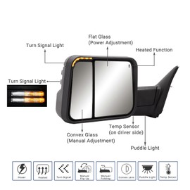 Towing Mirror Replacement with 2009-2018 Dodge Ram 1500 2500 3500 Pickup Truck with Power Adjusted Glass Heated LED Turn Signal Light Puddle Lamp Temp Sensor Flip Up Pair Set