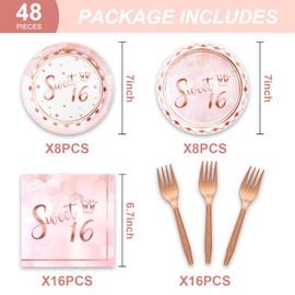 Esyzpesai 48PCS Sweet 16 Party Decorations Plates and Napkins Forks 16th Birthday Decorations for Girls Disposable Tableware Serve 16 Guests Sweet 16 Decorations
