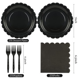 BOKFJBP 75Pcs Black Paper Plates-7 Inch Solid Color Scalloped Disposable Birthday Dinnerware Set Disposable Dinner Party Supplies for Graduation Wedding Baby Shower Table Decor