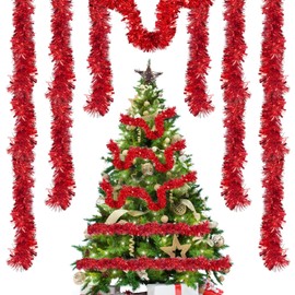 Tinsel Christmas Tree, Christmas Tinsel Garland Decoration Party, Sparkling Christmas Tree Wreath Decoration, Christmas Ribbons, Christmas Gold Foil Decoration for Party & Birthday (Red)