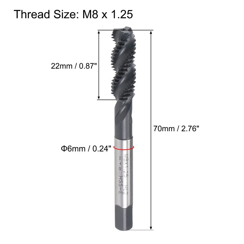 sourcing map M8 x 1.25 Spiral Flute Thread Tap, Metric