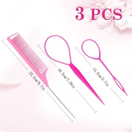 3pcs Topsy Tail Hair Tool, Pink Hair Looping Tool with Rat Tail Comb, Tail French Braid Loop Tool, Hair Braiding Tool for Making Hair Style(Pink)