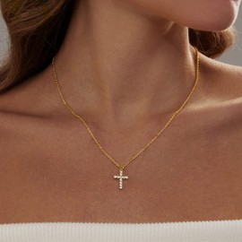Zeffy CZ Cross Necklace for Women 18k Gold Plated Tiny Cross Pendant Necklace for Women Simple Layered Cross Necklaces for Women