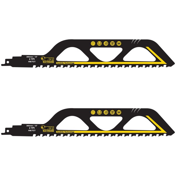 2 x SabreCut SCRS1243HM_2 Tungsten Carbide 305mm 2 TPI S1243HM Medium Bricks Poroton Fibre Cement Concrete Straight Cutting Reciprocating Sabre Saw Compatible with Bosch Dewalt Makita and many others