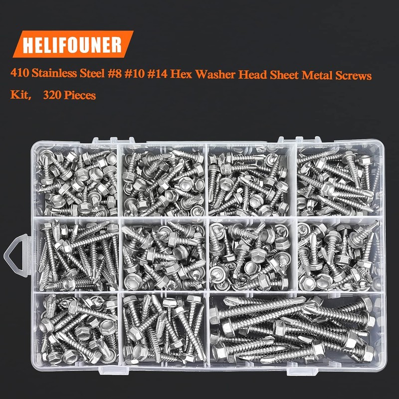HELIFOUNER 320 Pieces #8#10#14 Hex Washer Head Self Drilling Sheet