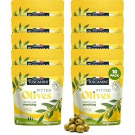Tuscanini Aceitunas italianas con sabor a ajo, 1 onza (paquete de 10) bolsas de aceitunas sin hueso para aperitivos, sin aceite, sin gluten, veganas, para viajes, picnics y aperitivos de oficina