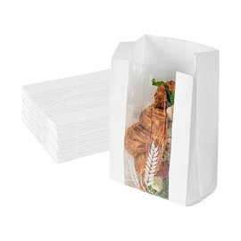 Restaurantware Bag Tek 4.8 x 2.8 x 8.5 Inch Bread Paper Bags 100 Greaseproof Baguette Paper Bags - Micro Perforated Clear Window White Paper Bakery Bread Bags Disposable Freezable