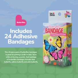 BioSwiss Bandages, Butterfly Shaped Self Adhesive Bandage Set, Latex Free, Sterile Wound Care, 24 Count