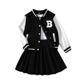 Ecolala Girls 2 Piece Outfits Letter Baseball Jacket with Pleated Short Skirt Set Back To School Black 9-10Y