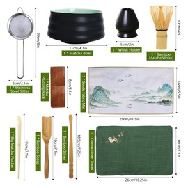 ZCOINS 10 Pcs Matcha Whisk Set Making Kit with Stainless Sifter Bamboo Stirrer Whisk Holder Scoop Plucker Rack Towel Mat, Black Ceramic Matcha Bowl Tea Accessories Set for Tea Lovers