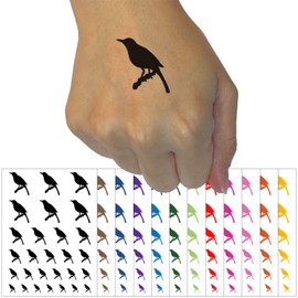 Bird on Branch Solid Temporary Tattoo Water Resistant Fake Body Art Set Collection - Dark Green (One Sheet)