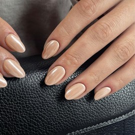 Chrome False Nails Short, SXVME Chrome Press On Nails Short Oval, Glazed Gel Fake Nails Press on, Cute Glitter Acrylic Nails Short Almond, Natural Stick on Nails for Women Daily Wear, Champagne