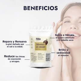 HEBBE - Manteca de cacao 250 g | Repara y renueva la piel dañada por el sol y la edad | Nutre e hidrata el cuero cabelludo y el cabello seco | Reduce 