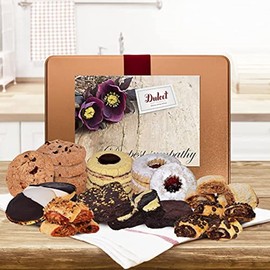 Dulcet Gift Baskets Sympathy & “Thinking Of You” Tin Box- Delicious Gourmet Confection Gift Set - Freshly Baked Chocolate Chip Cookies, Fudge Brownies, Linzer, Chinese Holiday Candy, Rugelah.