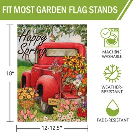 Furiaz Happy Spring Garden Flag, Vintage Red Truck House Yard Lawn Decorative Outdoor Small Flag, Pickup Daisy Tulip Flowers Outside House Decorations Floral Seasonal Welcome Decor Double Sided 12x18