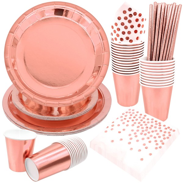 Cisolen 96-Piece Rose Gold Party Tableware Set, Reusable Party Plates,
