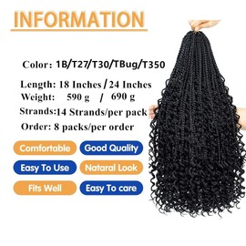 BIBHAIR Box Braids Pre-looped Goddess Crochet Hair Boho Style 8 Packs 24 Inch Box Braiding Wigs With Curly Ends 112 Strands Color 1B Bohemian 3 Strands Braided Synthetic Hair Extensions for Women.
