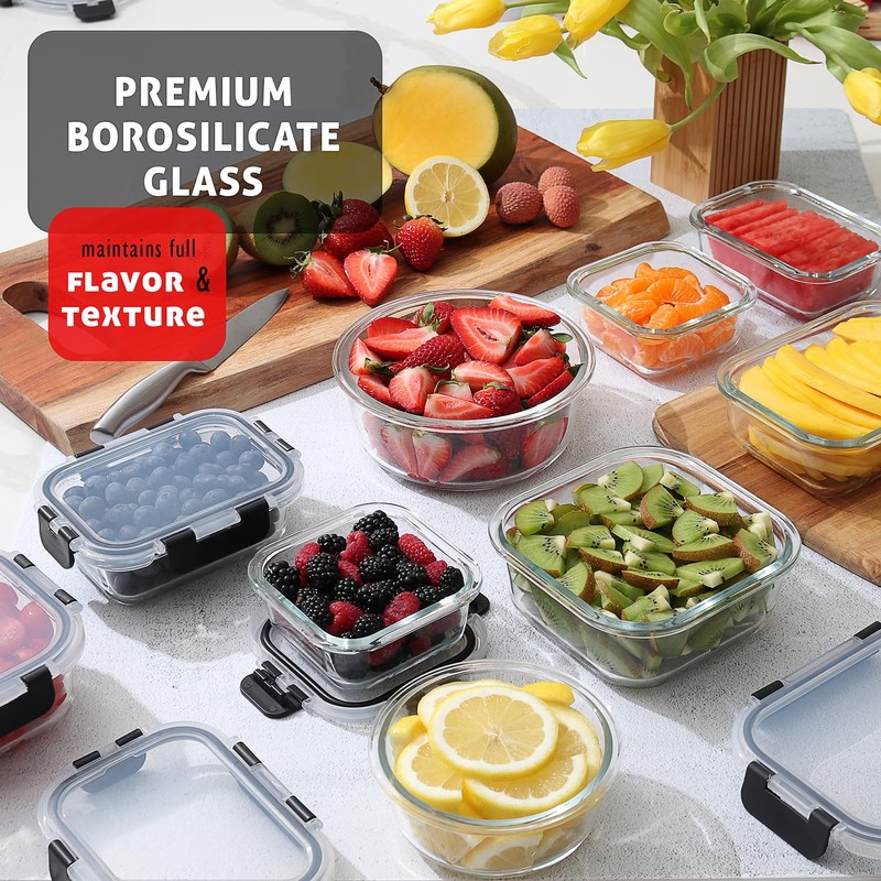EATEX 24pc Glass Storage Containers with Lids, 12 Set Glass