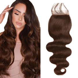 Hxxcoup Lace Closure Human Hair Closure Body Wave Lace Closure 4X4 Brown Hair with Baby Hair Bleached Knots Natural Remy Soft Swiss Nno Smell No Tangle 28 Inch