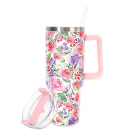 JarThenaAMCS Colorful Flower Tumbler with Lid and Straw 40oz Spring Summer Watercolor Floral Tumbler with Handle Stainless Steel Cup for Iced Coffee Hot Drink Home Office Travel
