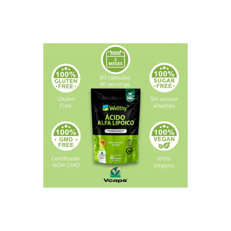 Wellthy cido Alfa Lipoico 60 Cpsulas. 300mg cu, NON GMO,