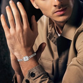 Initial Bracelet Gold/Silver/Black Squre A-Z Letter Cuban Link Chain Mens Bracelets Adjustable Size Stainless Steel Men Jewelry mens Birthday valentines day gifts for him boyfriend husband, Initial S,