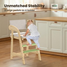 Easyego Wooden High Chair, Height Adjustment for Babies and Toddlers Aged 3-12, up to 130 lbs, Widened Foot Pedal as Steps for Kids Dining & Removable Washable Cushion (Natural)