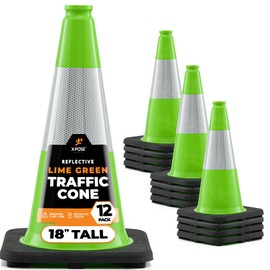 18” Lime Green Traffic Cone - 6" Reflective Collar – 12 Pack - Premium PVC Safety Cone for Parking, Caution, Construction, Road Crews, Emergency Vehicle - MUTCD Compliant - Xpose Safety