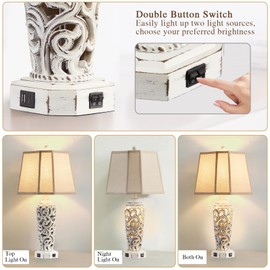 AIEAMPDO 27" Rustic Table Lamps Set of 2 for Living Room with USB A+C Ports, Vintage Nightstand Bedroom Lamp with Hollow Nightlight
