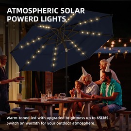 wikiwiki 10FT 3Tiers Solar LED Patio Umbrella with Base, Sturdy Outdoor Market Umbrella with Tilt, Crank and 32 LEDs for Terraces, Pool and Garden, Navy Blue