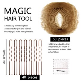 Zonon Bun Hair Nets Invisible Elastic Edge Mesh and U Shaped Pins Set, 50Pcs Individual Package Invisible Hair Nets, 40Pcs U Shaped Pins for Ballet Bun, Sleeping, Women and Wig (Light Brown)