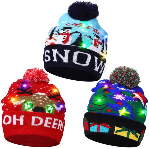 3 Pieces Christmas Hats Christmas Led Beanie Light Up Christmas Hat Up Xmas Beanie Cap for Christmas Party Supply, As Pictures Show, One Size